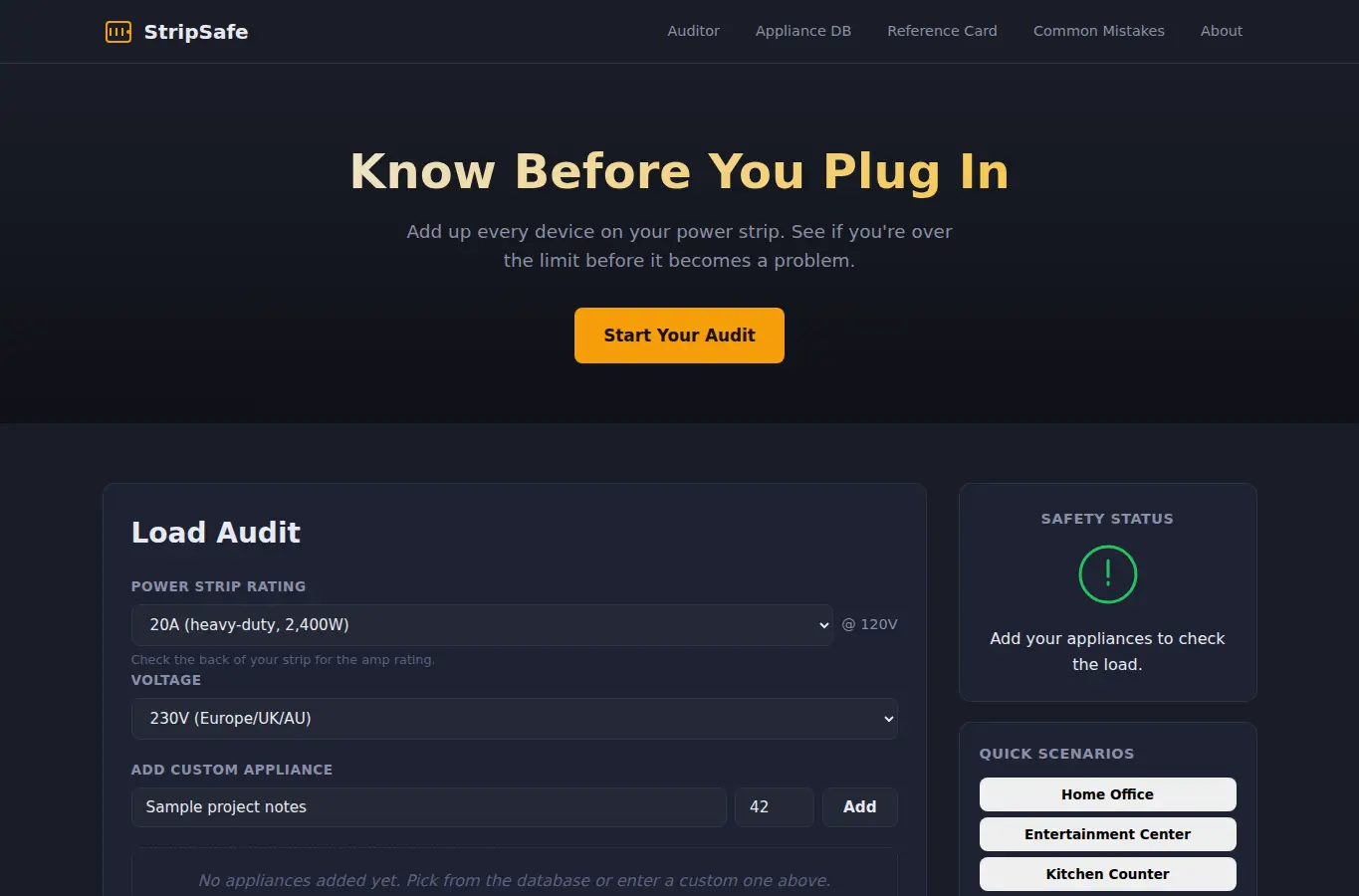 Screenshot of StripSafe: Power Strip Load & Daisy-Chain Auditor interface showing the project page in use